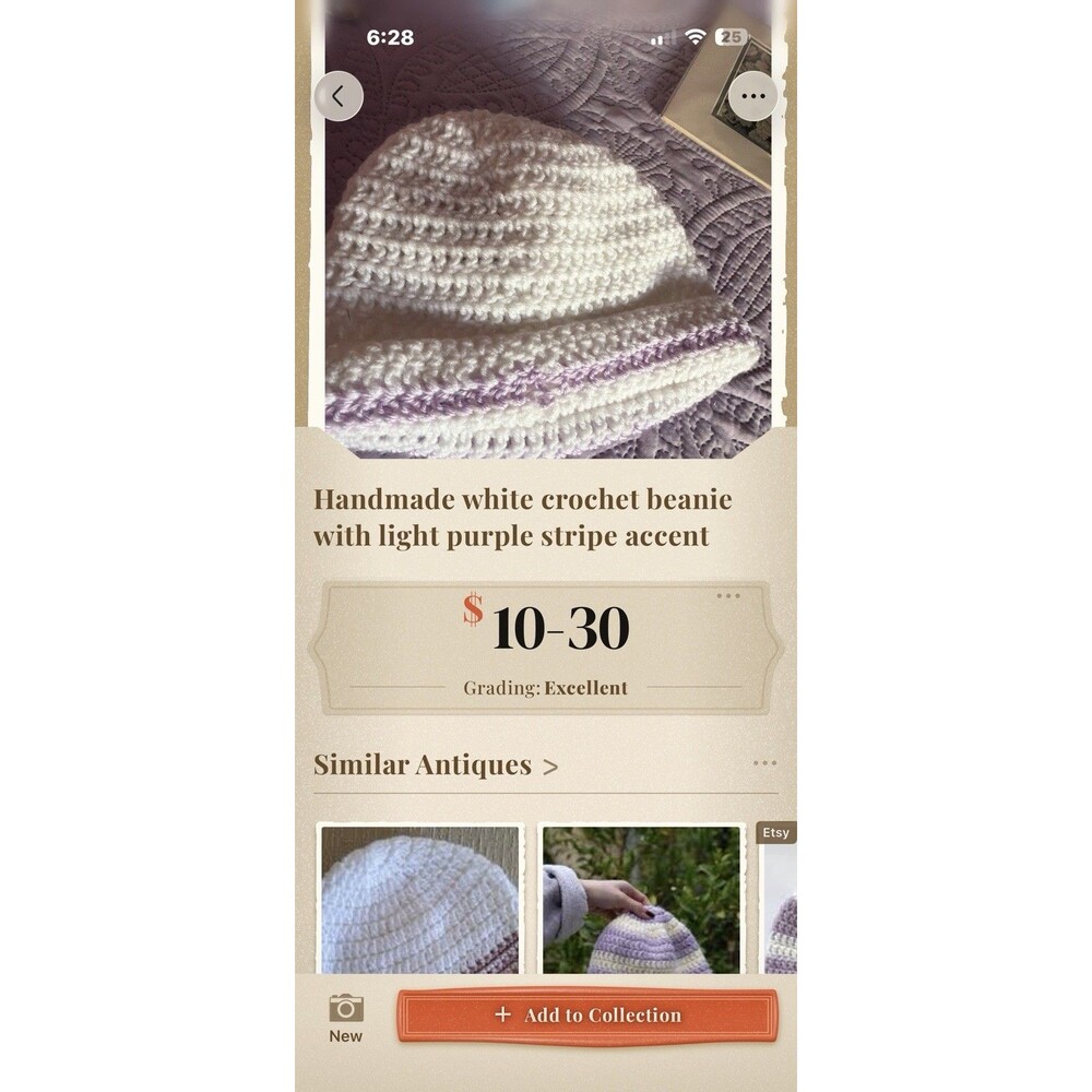 Handmade white crochet beanie with light purple stripe accent